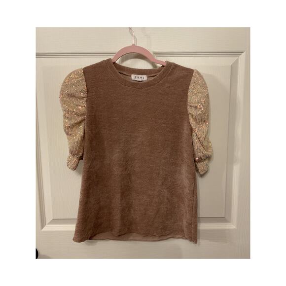 THML Short Gathered Puff Sequin Sleeve Brown Chenille Sweater , S - Picture 1 of 6